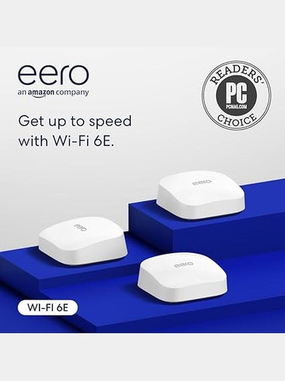 Amazon eero Pro 6E mesh wifi system - Supports internet plans up to 2.5 Gbps, Coverage up to 6,000 sq. ft., Connect 100+ devices, 3-pack