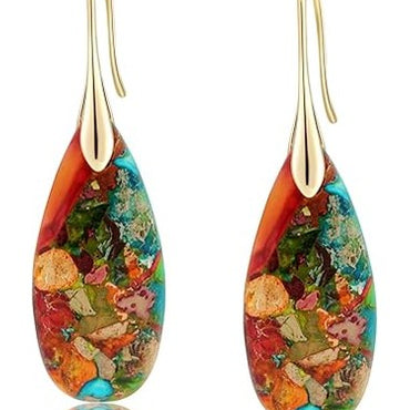 Natural Healing Stone Fishhoop Dangle Drop Earrings Statement Gold silver earrings