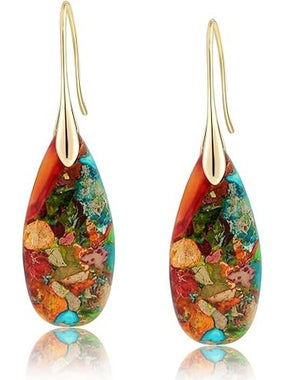 Natural Healing Stone Fishhoop Dangle Drop Earrings Statement Gold silver earrings