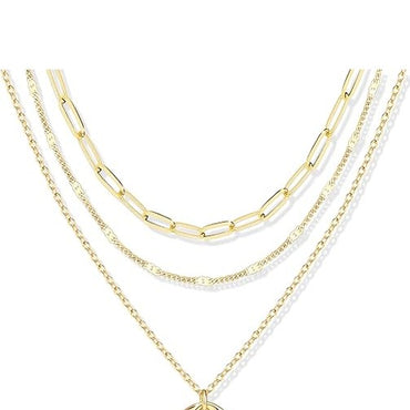 Layered Gold Necklaces for Women,Stackable Dainty 14K Gold Silver Plated Trendy Circle Paperclip Chain Pendant Choker Necklace,Simpl Diamond Cross Bow Jewelry Set Gifts for Women