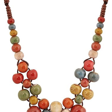 MINACHI Hippie Boho Colorful Ceramic Round Beads Strand Necklace, Bohemian Fashion Statement Jewelry Gift for Women