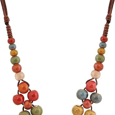 MINACHI Hippie Boho Colorful Ceramic Round Beads Strand Necklace, Bohemian Fashion Statement Jewelry Gift for Women