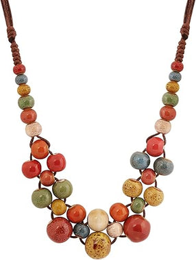 MINACHI Hippie Boho Colorful Ceramic Round Beads Strand Necklace, Bohemian Fashion Statement Jewelry Gift for Women