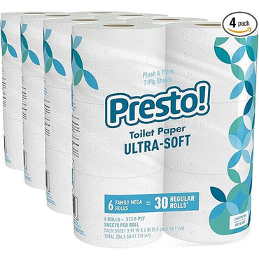 Amazon Brand - Presto! 2-Ply Ultra-Soft Toilet Paper, 24 Family Mega Rolls = 120 regular rolls, 6 Count (Pack of 4), Unscented