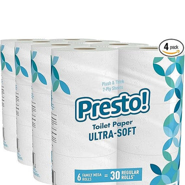 Amazon Brand - Presto! 2-Ply Ultra-Soft Toilet Paper, 24 Family Mega Rolls = 120 regular rolls, 6 Count (Pack of 4), Unscented