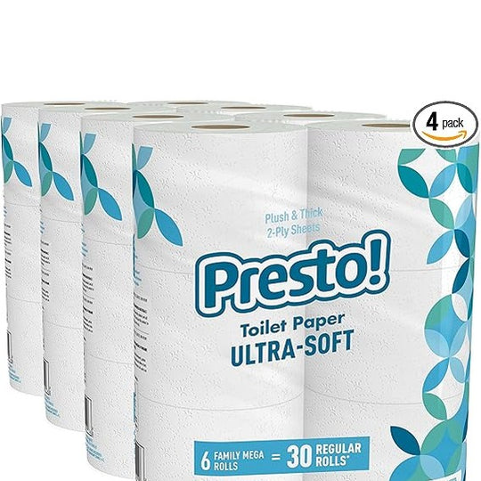 Amazon Brand - Presto! 2-Ply Ultra-Soft Toilet Paper, 24 Family Mega Rolls = 120 regular rolls, 6 Count (Pack of 4), Unscented